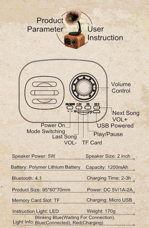 VintageTone - Retro Gramophone Style Wireless Mini Bluetooth Stereo Speaker