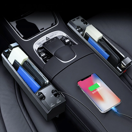 DriveSmart - Car Seat Side Organizer with Built-In Charger & Gap Storage Box